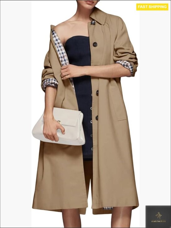 Jackets & Blazers - Oversized Trench Coat Classic Lapel Single Breasted Plaid Lined Windproof